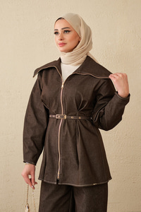 Bebe Yaka Kemer Bağlamalı Fermuarlı Pantolonlu Takım Kahverengi