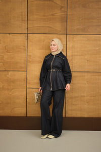 Bebe Yaka Kemer Bağlamalı Fermuarlı Pantolonlu Takım Lacivert