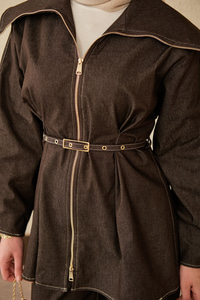 Bebe Yaka Kemer Bağlamalı Fermuarlı Pantolonlu Takım Kahverengi