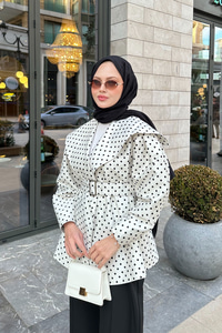 Bebe Yaka Puantiyeli Kemerli Ceket Beyaz