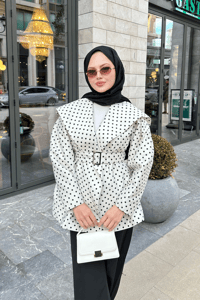 Bebe Yaka Puantiyeli Kemerli Ceket Beyaz