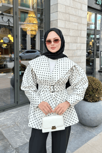 Bebe Yaka Puantiyeli Kemerli Ceket Beyaz