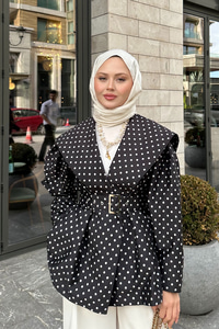 Bebe Yaka Puantiyeli Kemerli Ceket Siyah