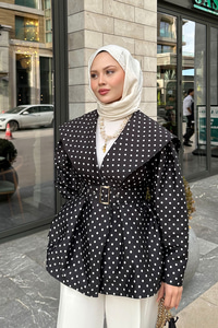 Bebe Yaka Puantiyeli Kemerli Ceket Siyah