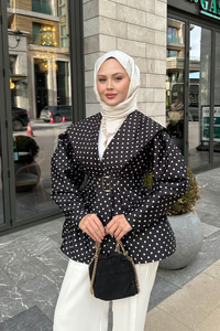 Bebe Yaka Puantiyeli Kemerli Ceket Siyah