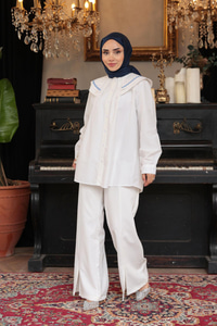 Bebe Yaka Şerit Detaylı Gömlek Beyaz