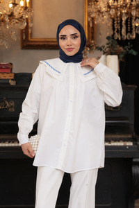 Bebe Yaka Şerit Detaylı Gömlek Beyaz