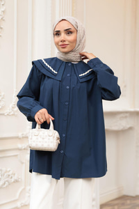 Bebe Yaka Şerit Detaylı Gömlek Lacivert