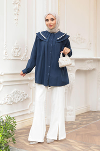 Bebe Yaka Şerit Detaylı Gömlek Lacivert