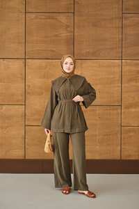 Bebe Yaka Süs Dikiş Detay Takım Haki Yeşil