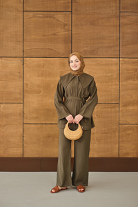 Bebe Yaka Süs Dikiş Detay Takım Haki Yeşil