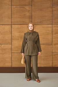 Bebe Yaka Süs Dikiş Detay Takım Haki Yeşil