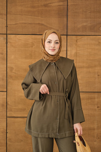 Bebe Yaka Süs Dikiş Detay Takım Haki Yeşil