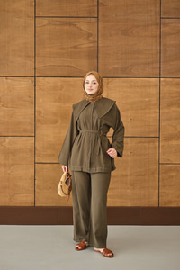 Bebe Yaka Süs Dikiş Detay Takım Haki Yeşil