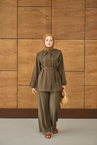 Bebe Yaka Süs Dikiş Detay Takım Haki Yeşil