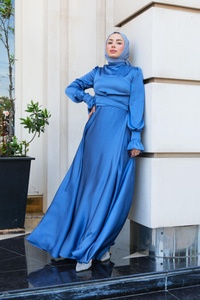 Bel Bağlama Detay Abiye Mavi