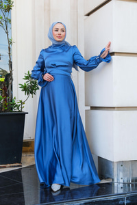 Bel Bağlama Detay Abiye Mavi