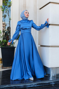 Bel Bağlama Detay Abiye Mavi