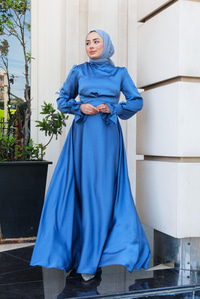 Bel Bağlama Detay Abiye Mavi