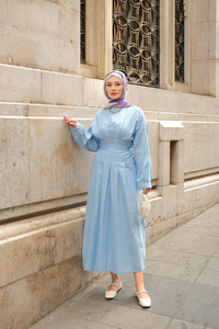 Bel Bağlama Detay Elbise Açık Mavi