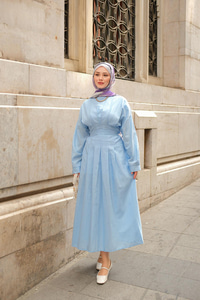 Bel Bağlama Detay Elbise Açık Mavi