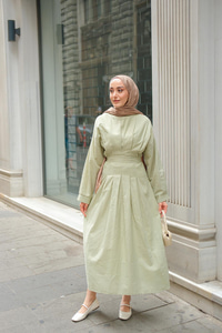 Bel Bağlama Detay Elbise Açık Yeşil