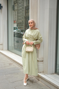 Bel Bağlama Detay Elbise Açık Yeşil