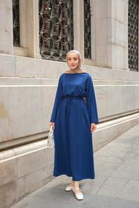 Bel Bağlama Detay Elbise Lacivert