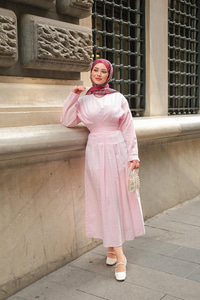 Bel Bağlama Detay Elbise Pembe