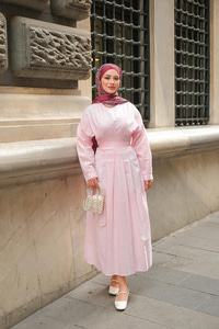 Bel Bağlama Detay Elbise Pembe