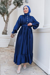 Bel Bağlamalı Balon Kol Elbise Lacivert