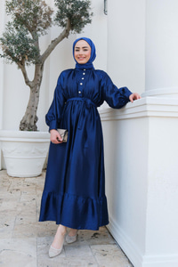 Bel Bağlamalı Balon Kol Elbise Lacivert