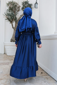 Bel Bağlamalı Balon Kol Elbise Lacivert