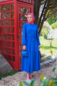 BEL BAGLAMALI BALON KOL ELBISE SAX MAVI