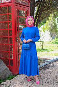 BEL BAGLAMALI BALON KOL ELBISE SAX MAVI