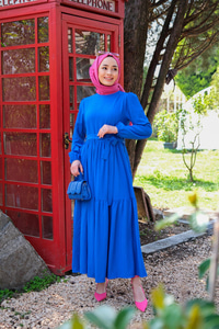 BEL BAGLAMALI BALON KOL ELBISE SAX MAVI