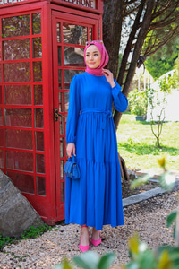 BEL BAGLAMALI BALON KOL ELBISE SAX MAVI