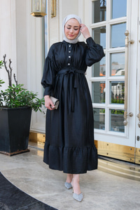 Bel Bağlamalı Balon Kol Elbise  Siyah