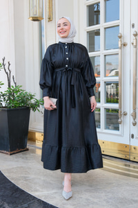 Bel Bağlamalı Balon Kol Elbise  Siyah