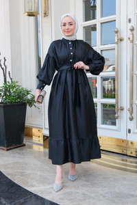 Bel Bağlamalı Balon Kol Elbise  Siyah