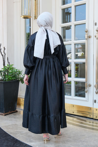 Bel Bağlamalı Balon Kol Elbise  Siyah