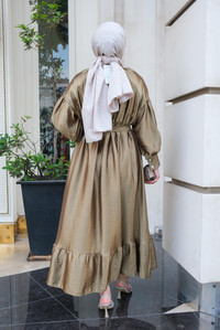 Bel Bağlamalı Balon Kol Elbise  Yağ Yeşil