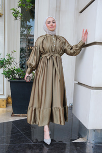 Bel Bağlamalı Balon Kol Elbise  Yağ Yeşil