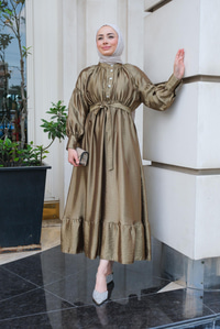 Bel Bağlamalı Balon Kol Elbise  Yağ Yeşil