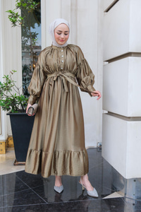 Bel Bağlamalı Balon Kol Elbise  Yağ Yeşil