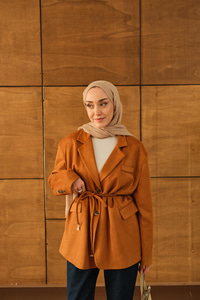 Bel Bağlamalı Blazer Süet Ceket Taba