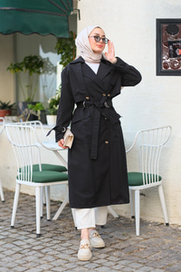 Bel Bağlamalı Cepli İkili Trenç Kot Siyah