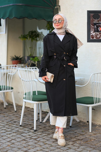 Bel Bağlamalı Cepli İkili Trenç Kot Siyah