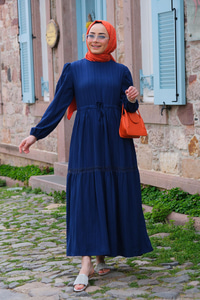 BEL BAGLAMALI DANTEL DETAY ELBISE  Lacivert