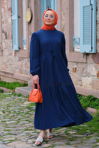 BEL BAGLAMALI DANTEL DETAY ELBISE  Lacivert